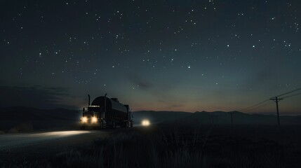 On a midnight journey a fuel tanker trucks headlights cut through the darkness illuminating a lonely road ahead under a sky filled with stars