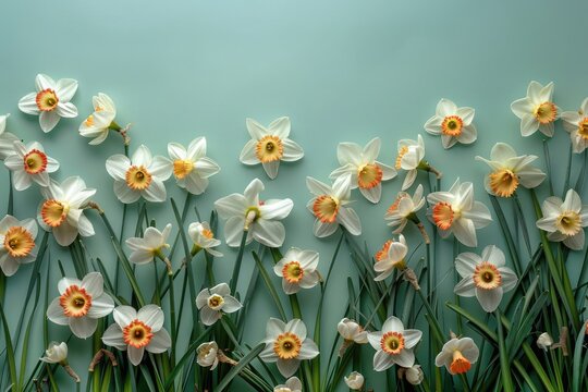 Daffodils in bloom with vibrant centers against a calm turquoise backdrop, a sign of spring