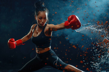 Kickboxing woman in activewear and red kickboxing gloves performing a martial arts kick - obrazy, fototapety, plakaty