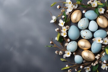 Naklejka na ściany i meble Stylish Easter nest with speckled eggs and blossoms on a dark backdrop. Festive spring mood. Copy space