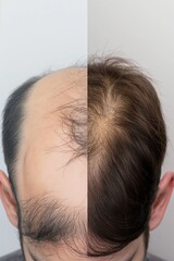 Hair loss treatment concept. Comparison of hair before and after transplantation