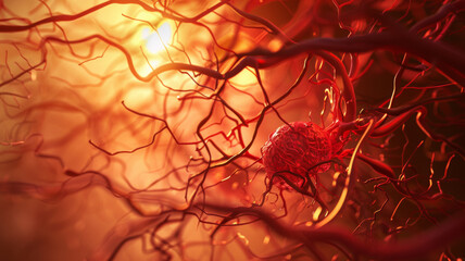 A vivid 3D illustration of a blood clot within a network of arteries.