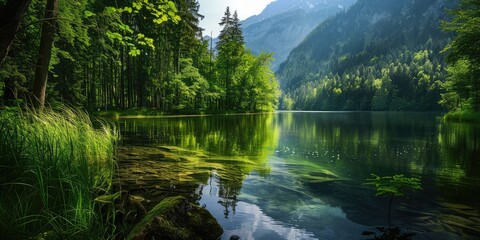 Lush green forest with a winding river and sunlight filtering through the trees - obrazy, fototapety, plakaty