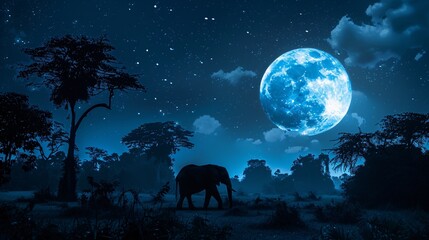 Under the glow of a full moon an elephant stands in the clearing of a rainforest its silhouette a majestic sight against the luminous sky