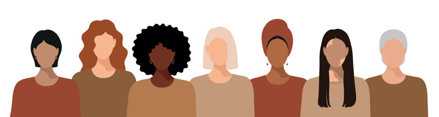 Banner on transparent background with girls, women with different skin color, hair, different nationality, March 8, International Women's Day. Inspiring inclusivity. Flat Vector Illustration EPS10 - obrazy, fototapety, plakaty