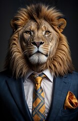 Lion dressed in an elegant and modern suit with a nice tie. Fashion portrait of an anthropomorphic animal, shooted in a charismatic human attitude - Generative AI