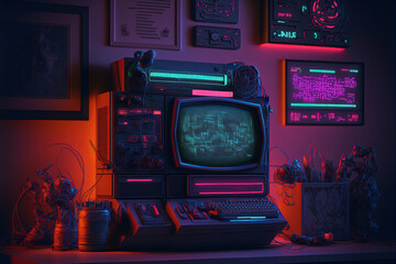 Generative AI, Computer on the table in cyberpunk style, nostalgic 80s, 90s. Neon night lights vibrant colors, photorealistic horizontal illustration of the futuristic interior. Technology concept.