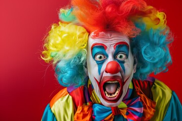 A clown with exaggerated makeup and a colorful wig, making a funny face