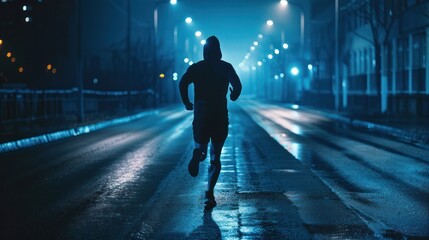 Jogger running at night - obrazy, fototapety, plakaty
