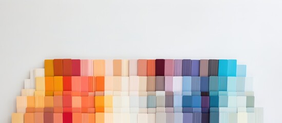 A white wall serves as a backdrop to a collection of various colors, showcasing a color guide for interior design and decoration. Paint samples in a palette are neatly arranged on the wall, offering a