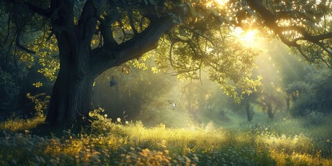 Morning sunlight shining through tree branches - obrazy, fototapety, plakaty