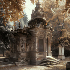 family crypt, in the park, stylish light in beige and gray tones