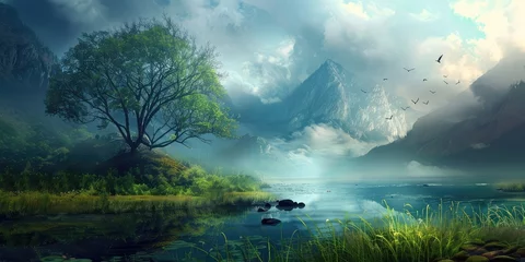 Wandcirkels tuinposter mountains river in forest © Classy designs