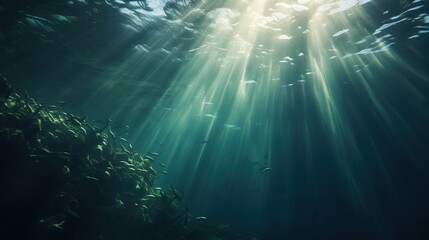 Generative AI, Dark blue ocean surface seen from underwater with sun light