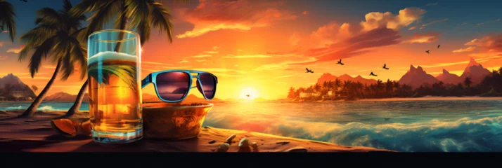 Papier Peint photo Lavable Orange Romantic beach retreat. Evening beautiful landscape drinks on a beach with a sunset in the background and palm trees