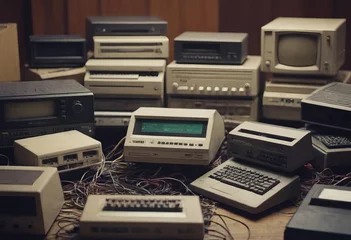 Poster pile of old unused computers and vintage CRT monitors © Алексей Ковалев
