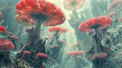 Surreal landscape with a variety of alien-like fungal forms and bioluminescence - obrazy, fototapety, plakaty