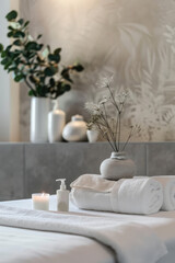 Background for a beauty spa. Cozy minimalist interior of spa center, relaxing atmosphere.