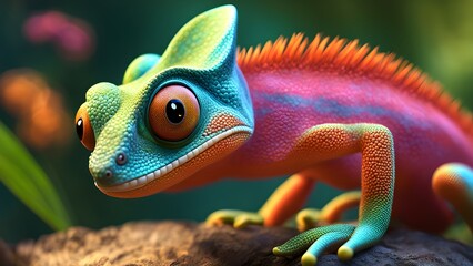 Cute Funny Cartoon Chameleon Art Animated Adorable Character - obrazy, fototapety, plakaty