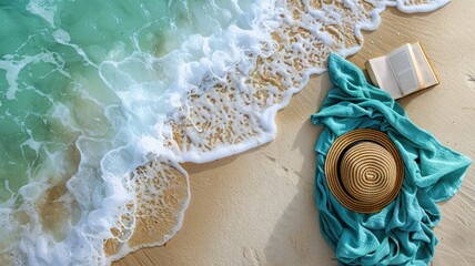 Relaxing beach scene with straw hat, aqua marine towel, and a serene book