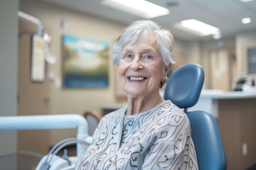Obraz premium Portrait of happy senior woman waiting for doctor for having checkup in a modern medical office equipped with advanced technology, ergonomic furniture, and soothing artwork adorning the walls