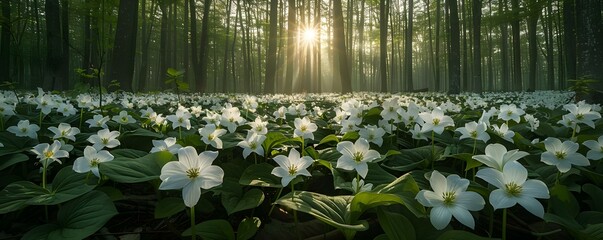 The forest floor becomes a canvas of white trilliums their pristine petals creating a carpet of floral beauty in the heart of the woods. Concept Nature, Wildlife, Beauty, Forest, Flowers