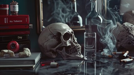 Still life skull and cigarette. Smoking. World No Tobacco Day. Smoke-free for a healthier future.