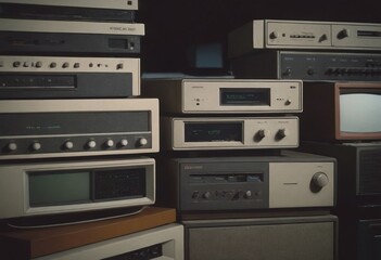 Obraz premium pile of old unused computers and vintage CRT monitors