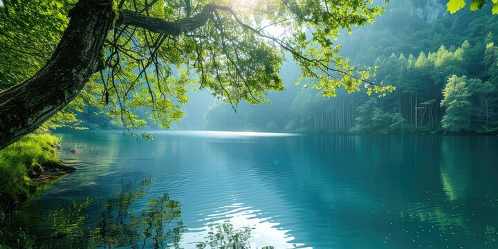 Quiet and calm landscape background with a lake and a forest