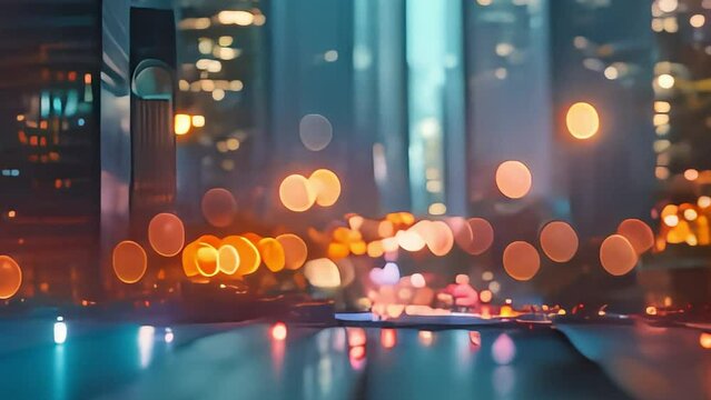 Abstract city lights with bokeh effect, urban background at night.