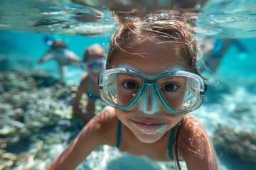 Fototapeta premium Children snorkeling in tropical sea
