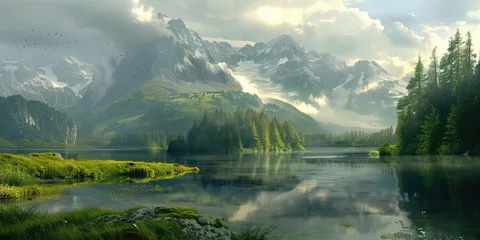 Stoff pro Meter scenic painting portraying a river flowing through majestic mountains © PNG WORLD