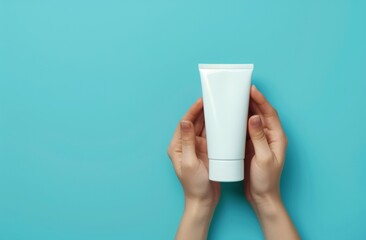 White cream tube mockup on blue background with scattered drops. Flat lay of hydro alcoholic gel with bottle. Top view of hands holding hydro alcoholic gel bottle