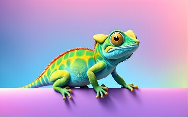 Obraz premium Cute Cartoon Chameleon Character Banner Solid Gradient Background
