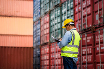A man in a yellow vest is writing on a clipboard in front of a large stack of red containers