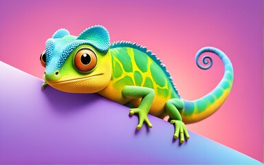 Cute Cartoon Chameleon Character Banner Solid Gradient Background