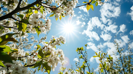 White Cherry Blossom on Blue Sunny Sky