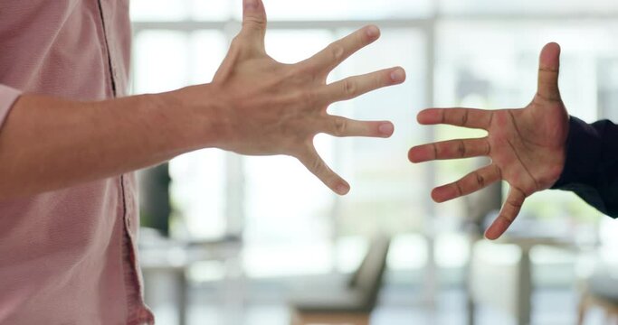 Hands, fist bump and modern greeting in office, expression and social for teamwork or partnership at work. Business people, touch and commitment in project with motivation and solidarity in company