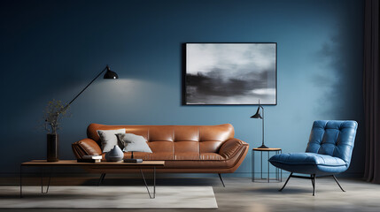 Interior of modern living room with blue walls, concrete floor, comfortable brown sofa, coffee table and two armchairs. Mock up poster. 3d rendering