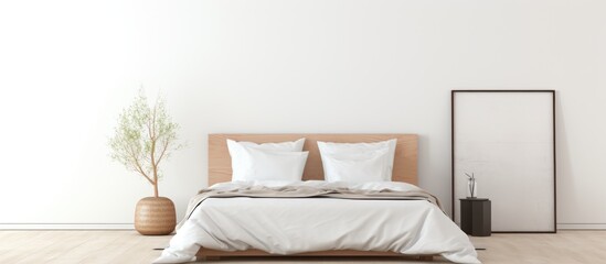 A clean white bedroom featuring a bed along one wall and a mirror mounted on the opposite wall. The room is simple and uncluttered, creating a serene atmosphere.