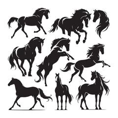 Equestrian Elegance: Vector Horse Silhouette Collection for Equine Designs, Equestrian Illustrations, and Western-themed Artwork. Black Horse vector.