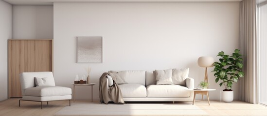 A minimalist living room featuring a white couch and chair, with a door visible in the background. The simple design and neutral color scheme create a clean and inviting atmosphere.