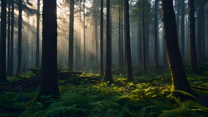 Early morning and sunrise, in a beautiful forest and natural environment full of life.