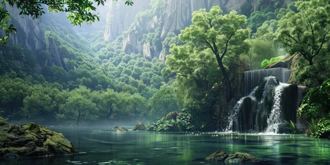 Zelfklevend Fotobehang Serene river landscape with flowing water © PNG WORLD