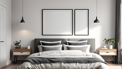 mackup frames, paintings in the bedroom. modern interior
