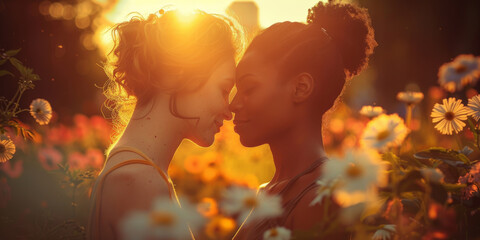 Same Sex Sunset Romance.
Two individuals sharing a tender moment in a field of flowers as the sun sets..
