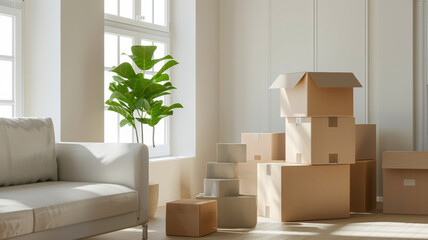 Bright moving day scene with cardboard boxes and a plant in a sunlit, empty room.