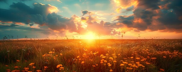 Capturing the Magic: A Vibrant Sunset Over a Field of Spring Flowers. Concept Nature, Landscape, Sunset, Flowers, Photography