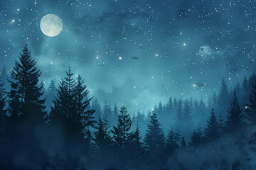 Pine forest at night on sky with moon and stars background in blue tones. AI Generative. - 754327708