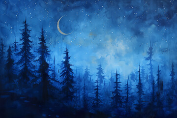 Pine forest at night on sky with moon and stars background in blue tones. AI Generative. - 754327722